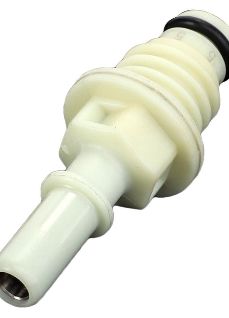 The AGCO | Def Connector - Acp0400770 is a white plastic quick-connect fitting featuring an O-ring at one end and a metal interior visible at the other, specifically designed for fluid transfer systems. Currently, there is no additional product description available.