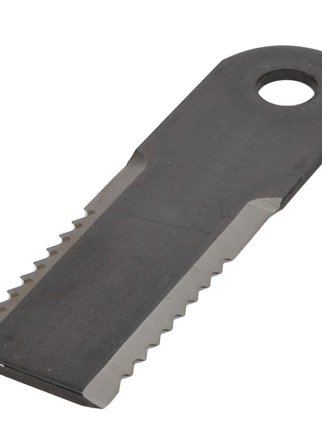 The AGCO KNIFE - D49017800 is a metal blade featuring a serrated edge and a distinctive circular hole at one end.