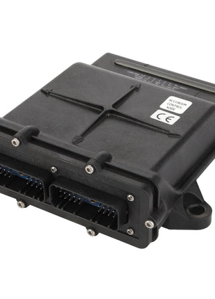 The AGCO | BOX - AG426332 is a black electronic control unit (ECU) featuring labeled connectors, screws, and a sticker displaying specifications and certifications. Designed for automotive or industrial use, this ECU is ideal for accurate spraying applications and ensures fuel and chemical savings through automatic section control.