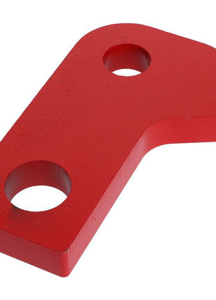 A red, flat metal bracket with two circular holes and an angled edge. Officially known as the AGCO Float Link Plate - Acx3075390.