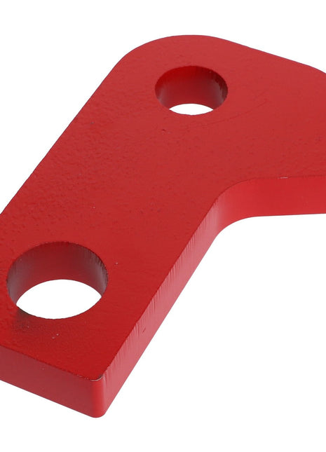 A red, flat metal bracket with two circular holes and an angled edge. Officially known as the AGCO Float Link Plate - Acx3075390.