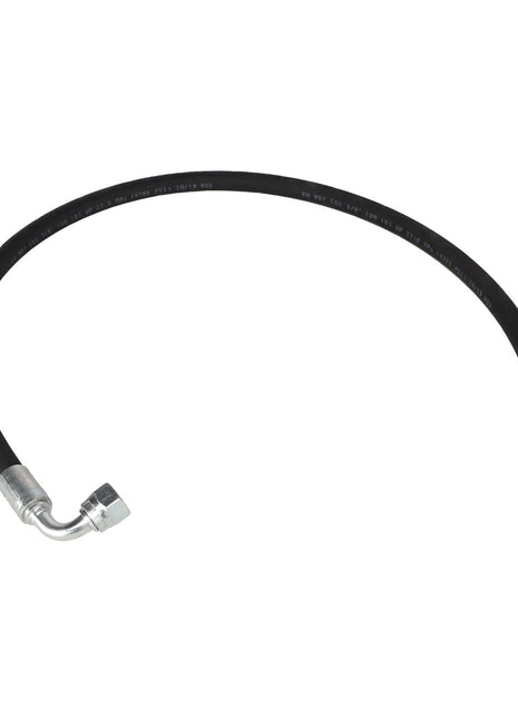 A flexible black hydraulic hose with metallic fittings on both ends, one straight and one elbow-shaped, labeled as AGCO | HOSE - AL9032605, laid on a white background. No current product description information available.