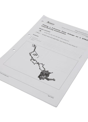 A printed document on vehicle repair featuring a detailed diagram of a transmission linkage system. The page is titled “Fitting an 18 tonne front linkage on a semi Zama 4 transmission” and contains comprehensive technical instructions. This instruction manual is officially named "AGCO | Fit.Instruction - Act0026070" by AGCO.