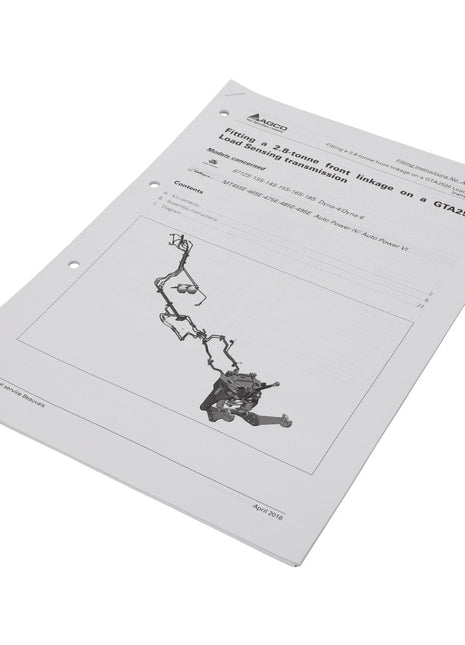 A printed document on vehicle repair featuring a detailed diagram of a transmission linkage system. The page is titled “Fitting an 18 tonne front linkage on a semi Zama 4 transmission” and contains comprehensive technical instructions. This instruction manual is officially named "AGCO | Fit.Instruction - Act0026070" by AGCO.