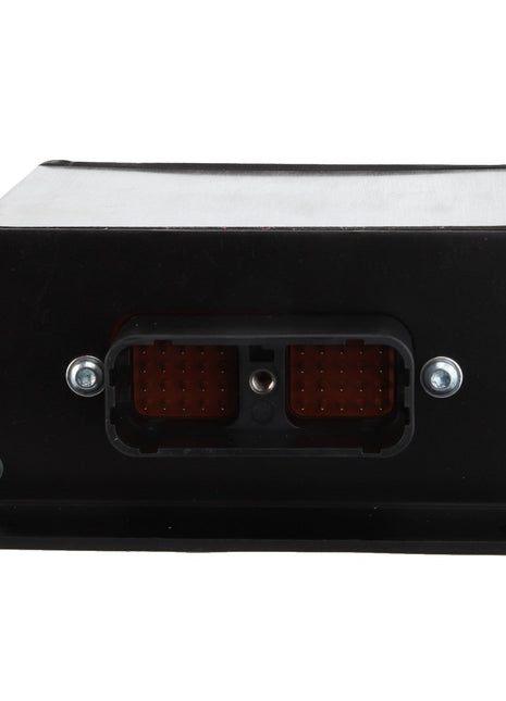 The AGCO CONTROL BOX - AG521476 is a black rectangular electronic component featuring multiple pin connectors on one side, enclosed in a sturdy metal casing and secured with screws at each corner. Currently, no additional product description information is available.