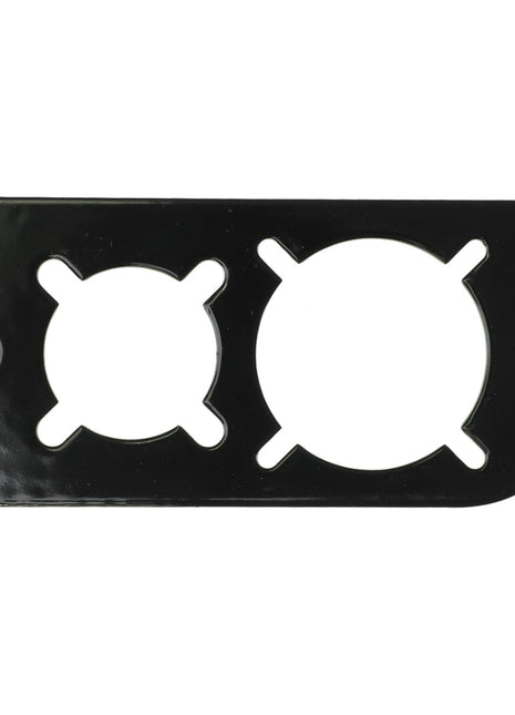 This AGCO Plate (AG136223) is a black, rectangular metal plate featuring two circular cutouts of varying sizes and two small holes positioned on opposite sides.