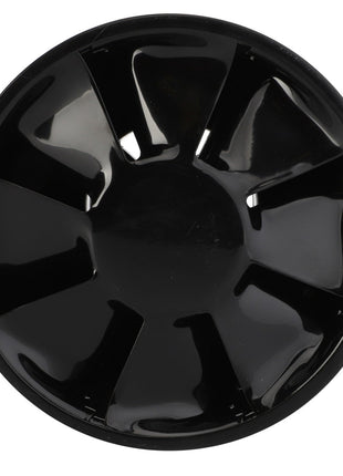 Experience the elegance of the AGCO Prefilter - Acp0224200, a sleek black plastic wheel cover featuring six wide spokes, beautifully designed for a striking overhead view.