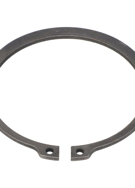 The AGCO | RING - AL5040069 is a metal retaining ring with two small holes near the open ends, designed to fit into a groove on a shaft or in a housing for securing parts.