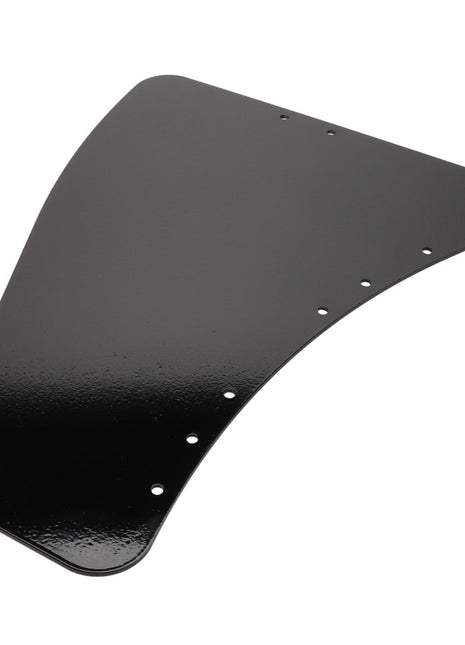 The AGCO | Base Plate - Acw1257470 by AGCO is a black, curved, flat metal plate with multiple holes arranged in rows, making it ideal for various mounting applications.