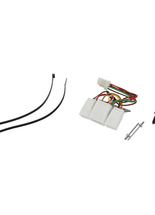 The AGCO SPLITTER - F931502030760 set, featuring electrical connectors with multicolored wires, two black zip ties, a small metal screw, and five black screws against a white background.