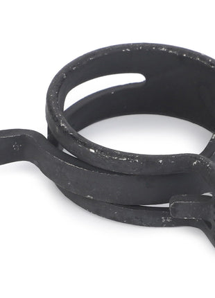 Introducing the AGCO CLIP - F824200090360, a black metal spring hose clamp featuring a looped design and two protruding tabs.