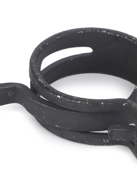 Introducing the AGCO CLIP - F824200090360, a black metal spring hose clamp featuring a looped design and two protruding tabs.
