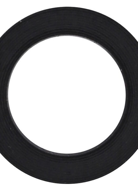 A close-up image of the AGCO Gasket, Front Axle - 3788149M1, featuring a black rubber washer with a central hole, reminiscent of the shock absorber gaskets used in various Massey Ferguson models.