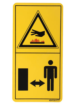 The AGCO | DECAL - D49100177, identified by the brand name AGCO, features a yellow warning sign with a caution symbol illustrating a hand above flames to indicate a burn hazard. It also includes an icon of a person and a door, symbolizing the importance of maintaining a safe distance. No further product description information is available at this time.