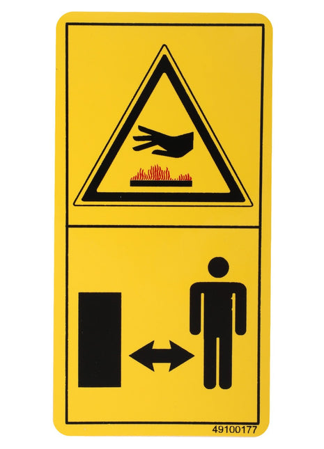 The AGCO | DECAL - D49100177, identified by the brand name AGCO, features a yellow warning sign with a caution symbol illustrating a hand above flames to indicate a burn hazard. It also includes an icon of a person and a door, symbolizing the importance of maintaining a safe distance. No further product description information is available at this time.