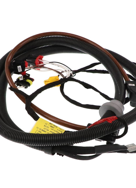 A coiled black wiring harness, neatly integrated with connectors and labeled wires, encased in protective tubing, known as AGCO Harness - Acw012368A.