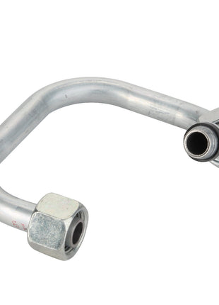 Presenting the AGCO | Brake Pipe - Acw9165340, a high-quality metallic pipe from AGCO with two threaded ends, elegantly bent into a right-angle shape, perfect for your current project needs.