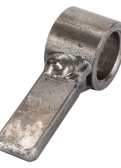 The AGCO | SUPPORT - D28281432 features a unique design with a flat, rectangular extension at one end and a cylindrical hole at the other. This current product description highlights its distinctive construction by AGCO.