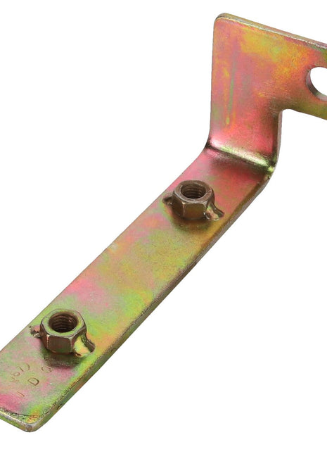 No current product description available for the AGCO Clamp - Acp0486010, a metal bracket with two attached nuts and a hole at one end, used for connecting or securing components.