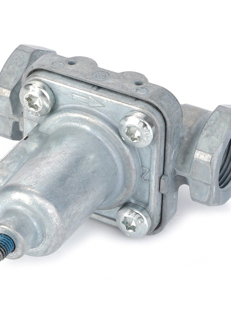 Close-up of the AGCO Bleed And Drain Valve - F385880060030, a robust metal industrial valve with expertly designed threaded connectors and screws for precise fluid flow control.