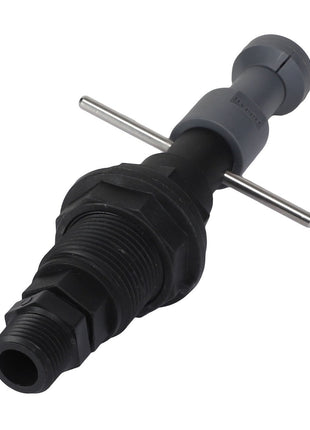 The AGCO | BOTTLE - AG610726, a black and gray plastic pipe fitting tool from the brand AGCO, features a threaded section and a metal crossbar. Unfortunately, no current product description information is available.