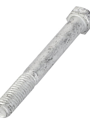 A close-up view of an AGCO | HEXAGONAL HEAD BOLT - AG551058 with a threaded shaft and a hexagonal head, displaying signs of wear.