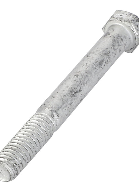 A close-up view of an AGCO | HEXAGONAL HEAD BOLT - AG551058 with a threaded shaft and a hexagonal head, displaying signs of wear.