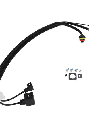 The AGCO | SUPPLY UNIT - F931502031020 includes a coiled wiring harness with various connectors, accompanied by a small set of meticulous screws, bolts, and seals neatly arranged beside it.