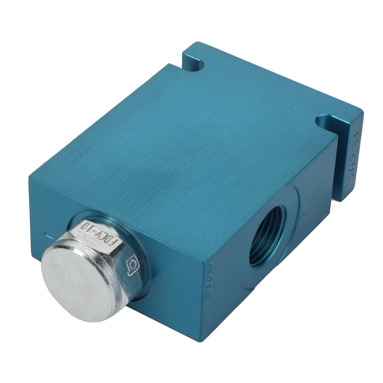 Product Description: The AGCO Current Regulator - Sf25080048 is a blue metal hydraulic flow control valve block featuring screw adjustment and threaded ports.