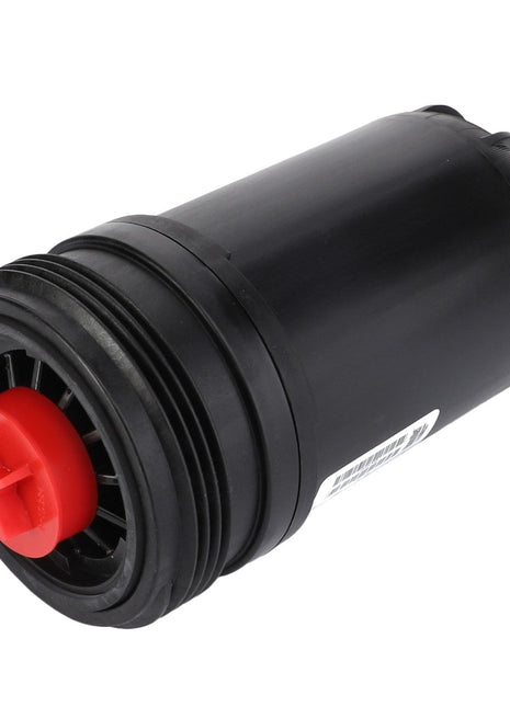 A black cylindrical filter featuring a red interior component and multiple ridges on one end, likely used for filtration purposes in an engine. The object appears to be a Genuine AGCO Fuel Filter Spin On - ACP0534200, branded by AGCO, with a sticker containing some text on it.