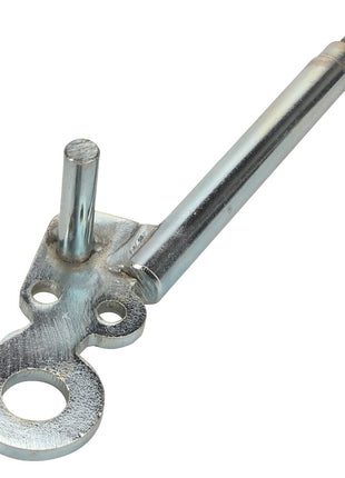 The AGCO Lever - Acp0325420 is a metal mechanical component that features a cylindrical rod, threaded bolt, and multiple holes for attachment.