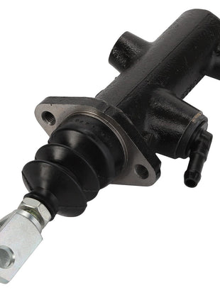 Close-up of the AGCO Brake Cylinder - Acp0420860, featuring a black hydraulic master cylinder with a metal rod and rubber boot at one end, accompanied by a mounting flange and fittings.