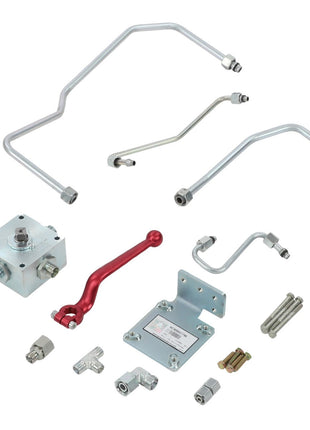 Currently, there is no product description information available for the AGCO | Power Beyond Kit - Acw1549800 by AGCO, which includes metallic automotive components such as tubing, a red lever, a mounting bracket, and various connectors, all arranged on a white background.