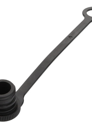 Product Name: AGCO | CAP - D45148000
Brand Name: AGCO

Description: The AGCO CAP - D45148000 is a sleek black plastic cap that includes a cylindrical attachment and an extended strap with a round hole at the end.