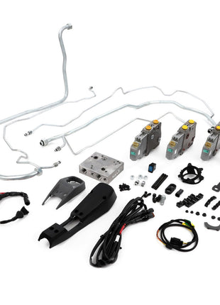 A collection of AGCO automotive parts, including cables, connectors, a control handle, and various components from the Hydraulic Kit - Acp0655160 is laid out on a white background. No current product description available.