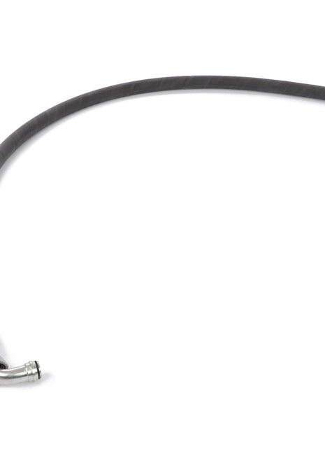 The AGCO Hydr. Hose - Acw4273830, a black and flexible rubber hose, features metal connectors at both ends, with one connector bent at a 90-degree angle. This practical accessory is displayed on a white background, highlighting its quality and flawless design from the renowned brand AGCO.