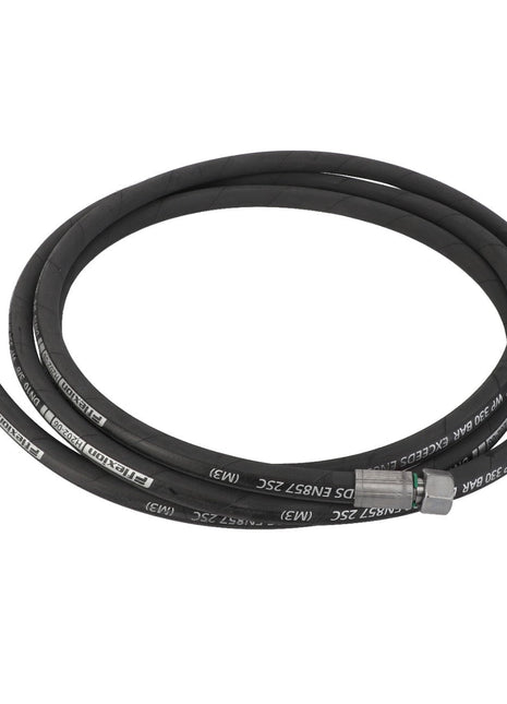 A black hydraulic hose coiled into a circular shape with metal connectors at both ends. The AGCO Hydraulic Hose - Acw0715360 features white text printed along its length, currently has no additional product information available.