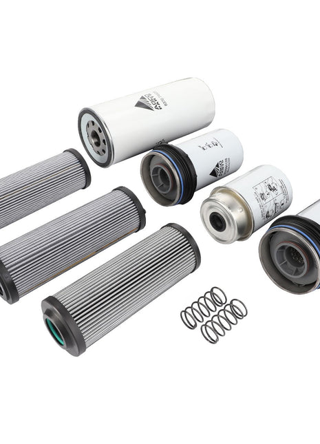 AGCO's FILTER KIT - C0373052 features an array of cylindrical filters, available in white and metallic finishes, accompanied by small springs meticulously arranged in two neat rows against a pristine white background.