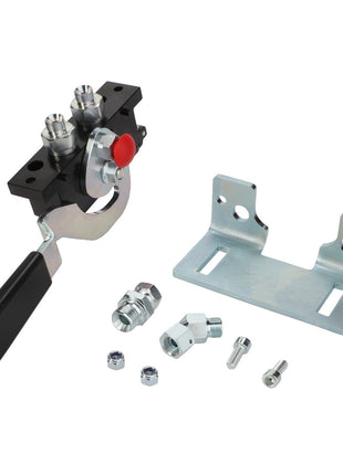The AGCO | KIT - AL10550380 includes a metal tool with a black handle, a red button, an assortment of small fittings, nuts, and bolts, as well as a separate mounting bracket featuring multiple holes. Please note that there is no current product description information available.