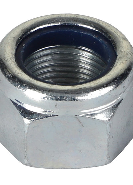 Here is a close-up view of the AGCO | NUT METRIC - AG129019, a hexagonal metal lock nut with a nylon insert, commonly used to secure bolted joints. This product is provided by the trusted brand AGCO.