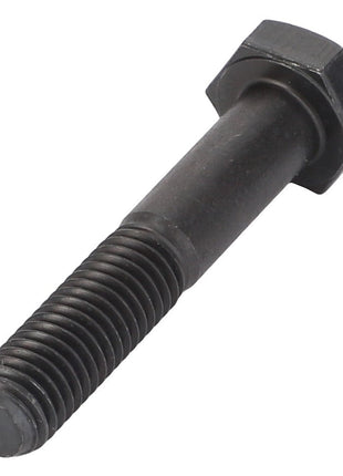 A close-up of the AGCO HEXAGONAL HEAD BOLT - F743300020540, a black metal hex bolt with threading on the lower part of the shank. No additional product description information is available at this time.