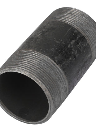 This is an AGCO | NIPPLE - AG551805, a cylindrical metal pipe fitting with threaded ends. It shows slight weathering and signs of wear.
