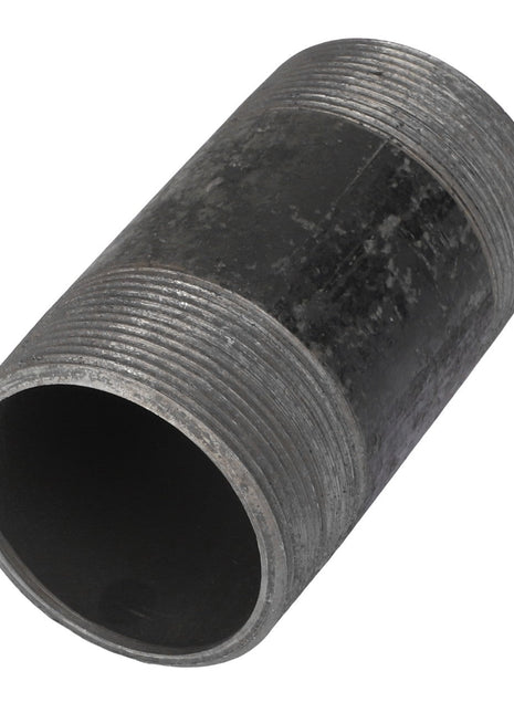 This is an AGCO | NIPPLE - AG551805, a cylindrical metal pipe fitting with threaded ends. It shows slight weathering and signs of wear.