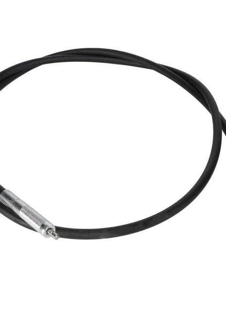 The AGCO | Loader Control Cable - AL5021029, a black throttle cable with metal connectors at both ends and coiled into a loop, is ideal for use in AGCO Parts control cable systems.