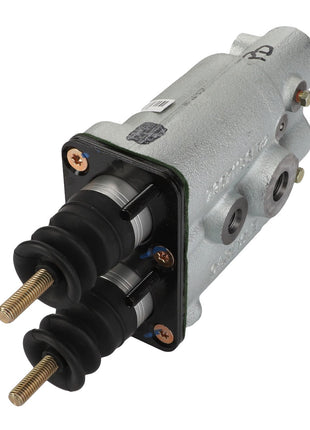 Close-up of the AGCO Master Cylinder ACx2341720 in silver, featuring two black rubber boots and gold-colored threaded rods. Product description details are currently unavailable.
