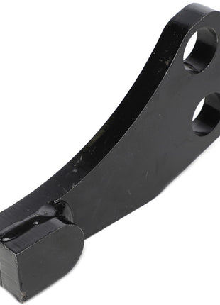 Introducing the AGCO | LINK, RIGHT HAND - ACP0057560: a black, metal bracket featuring two circular holes and a protruding tab, specifically designed for mechanical or construction purposes. For any ordering questions, please reach out to our support team.
