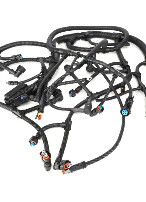 A product known as the AGCO | Engine Wire Harness - Acw2150090, from the brand AGCO, is a complex automotive wiring harness featuring multiple connectors and cables. It is arranged in a coiled fashion with various colors and attachment points; however, no current product information is available.