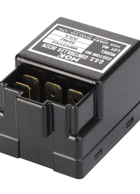 A black AGCO controller relay with metal terminals, a label indicating specifications and model number 0.010.3970.2, ensures precise operation in your machinery. Trust AGCO for reliable performance.