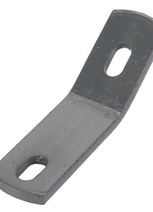 The AGCO CLAMP - D28282287 is a metal bracket with a flat base and an upward angle, featuring two oval holes near each end. It is painted in a matte gray color. No current product description information is available.