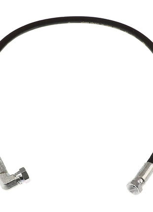 Product Description: The AGCO HYDR. HOSE - AL1103117 is a black flexible hose featuring a right-angled connector on one end and a straight connector on the other. This high-quality hydraulic hose from AGCO ensures reliable performance and durability.